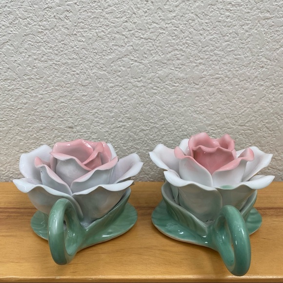 Pair of Ceramic Rose Flower Candle Holders - Picture 7 of 16